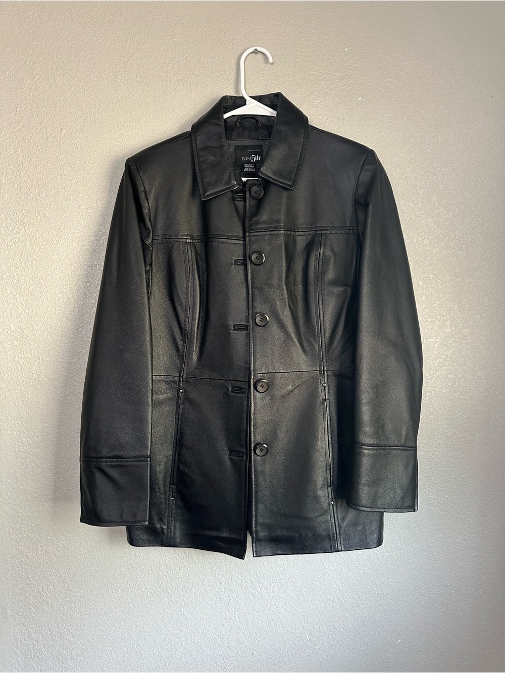 East 5th 100% Leather Black Peacoat Jacket